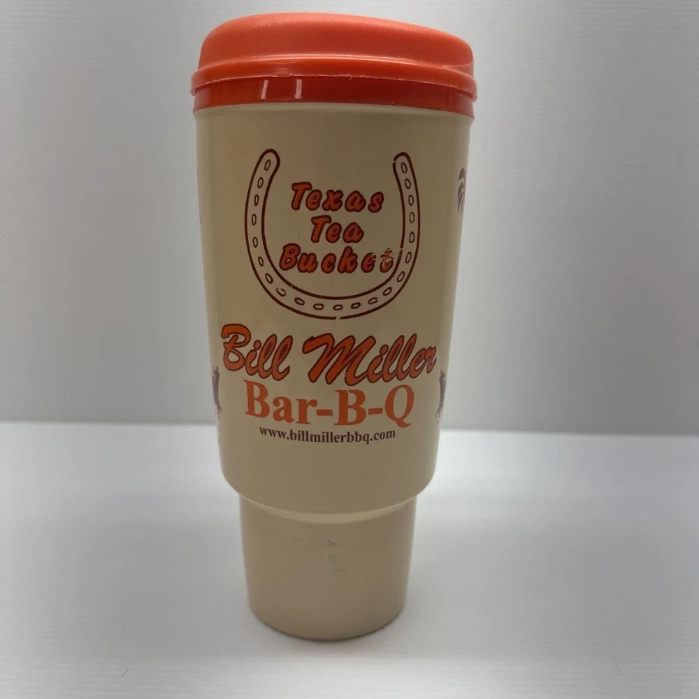 VINTAGE THERMO-SERV BILL MILLER BAR-B-Q TEXAS TEA BUCKET 34 OZ TRAVEL COFFEE MUG